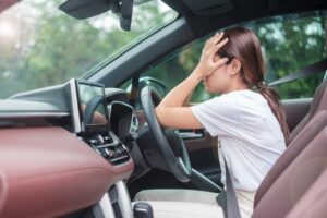 Image of woman in car with her face covered by her hands