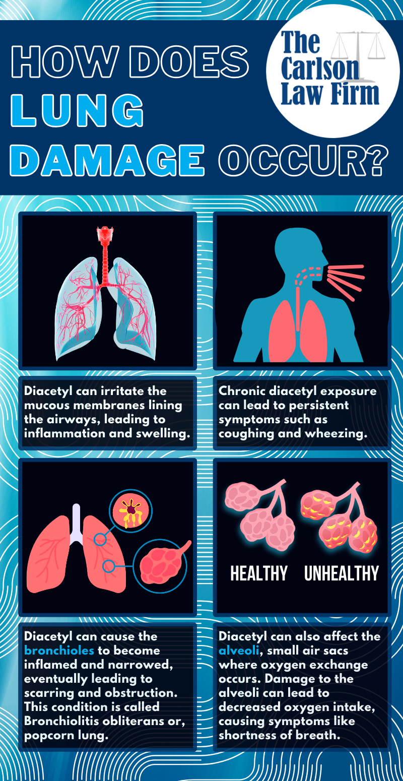 Diacetyl can cause lung inflammation affecting briochioles and alveolar structure.