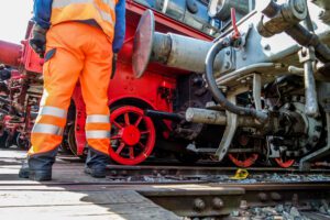 Image of a railway worker in safety gear standing by a train