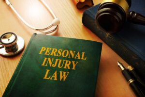 Image of a Personal Injury Law book on a table with a gavel, pen, and stethoscope