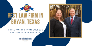 Graphic depicting Carlson Law firm being voted Best Law Firm in Bryan, Texas by Bryan-College Station Eagles Readers