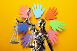 Image of hand cutouts and lady justice