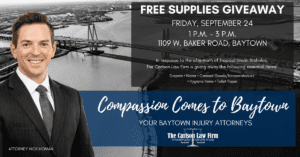 Graphic for Carlson Law Firm's supply giveaway following hurricane Nicholas