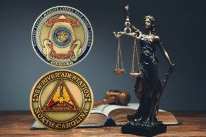 Image of military seals and lady justice