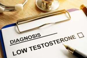 Image of a clipboard with a low testosterone diagnosis