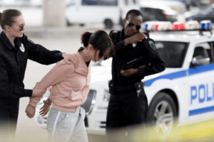 Image of woman being arrested by 2 officers