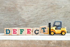 Image of toy fork lift with block letters spelling out DEFECT while the fork lift picks up the T block