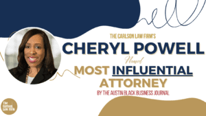 Graphic depicting Cheryl Powell being named most influential attorney by Austin Black Business Journal