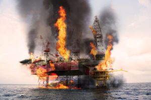 Image of an offshore oil rig on fire