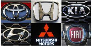 Image of vehicle emblems for Toyota, Honda, Kia, Hyundai, Mitsubishi, and Fiat