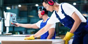 Image of workers in a factory wearing protective gear