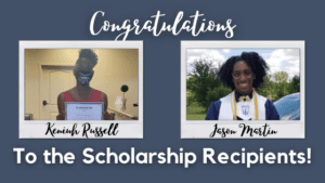 Graphic congratulating The Carlson Law Firm college scholarship recipients, Keniuh Russell and Jason Martin