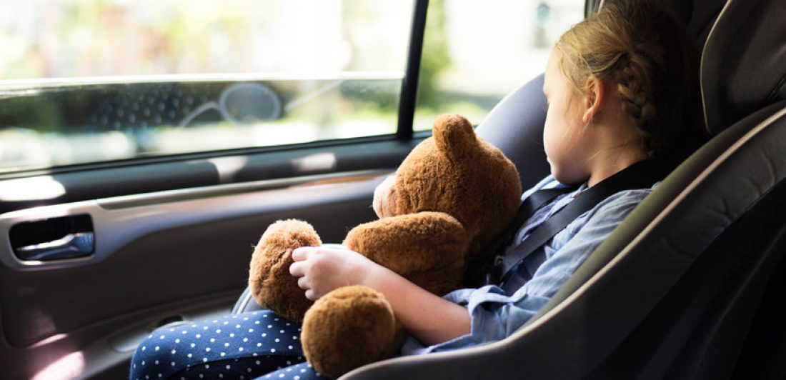 Image of little girl asleep in a carseat holding a teddy bear