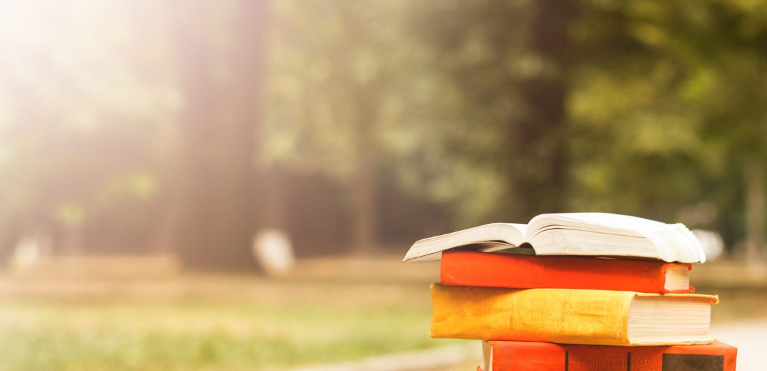 Image of a stack of books on bench