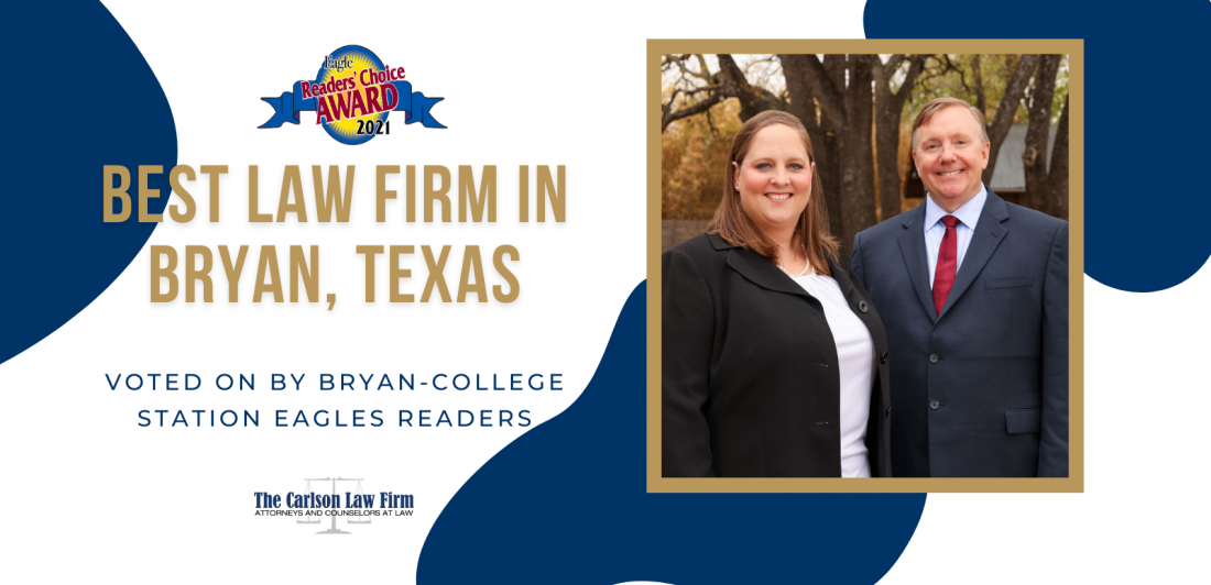 Graphic depicting Carlson Law firm being voted Best Law Firm in Bryan, Texas by Bryan-College Station Eagles Readers