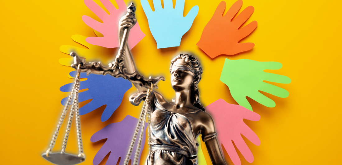 Image of hand cutouts and lady justice