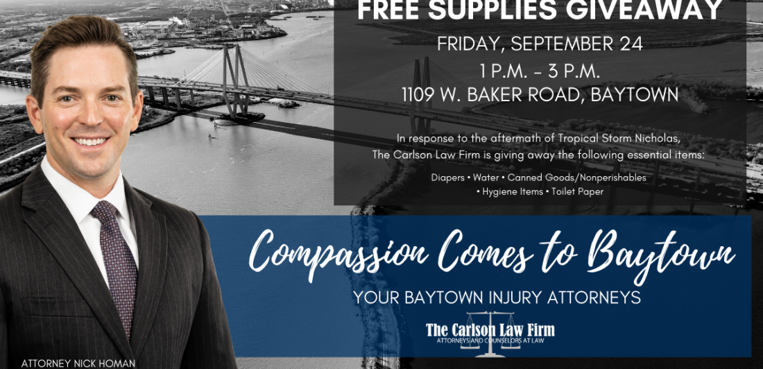 Graphic for Carlson Law Firm's supply giveaway following hurricane Nicholas