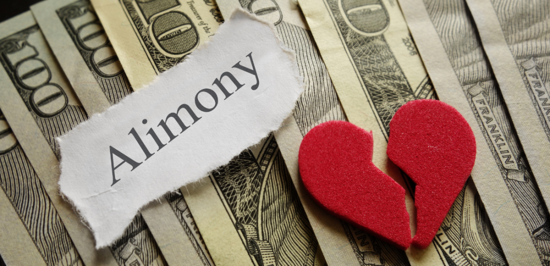 Image of money with alimony label and broken heart