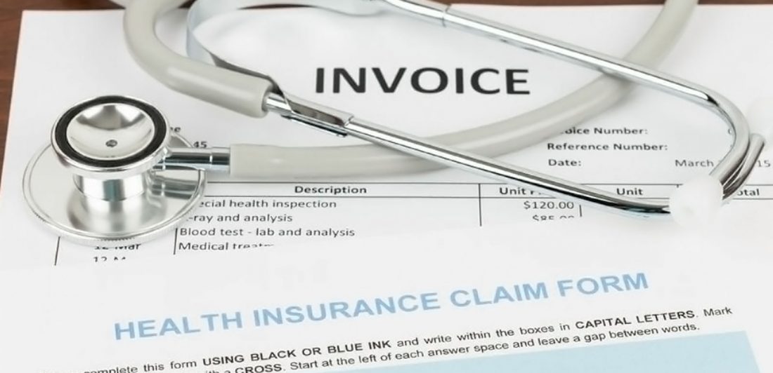 Image of Health Care Insurance Claim Form, invoice, and stethoscope