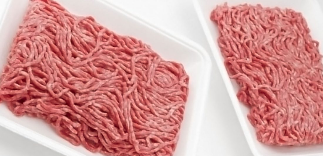 Image of 2 open styrofoam trays with ground beef