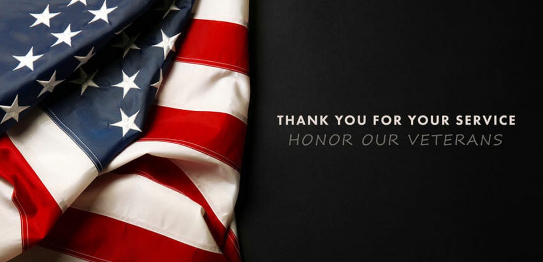 Graphic with a flag that reads: Thank you for your service, honor our veterans