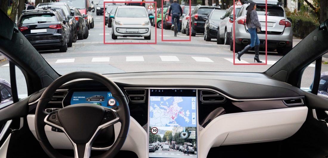 Image of self driving vehicle and possible hazards